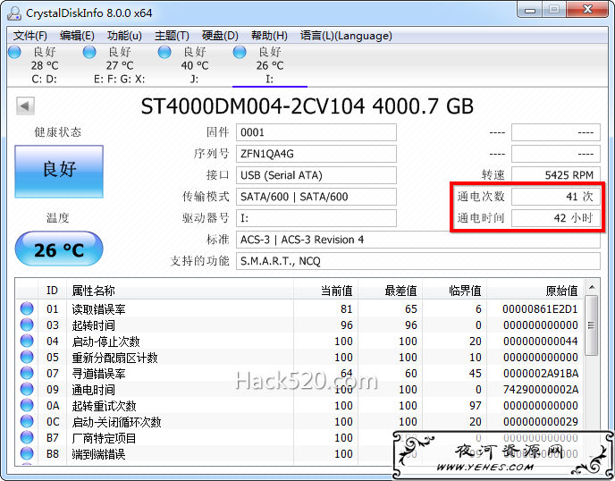 查看硬盘通电时间与使用次数