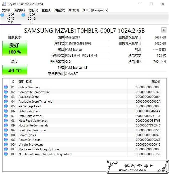专业的硬盘检测工具CrystalDiskInfo v8.5.0 x64位单文件下载地址
