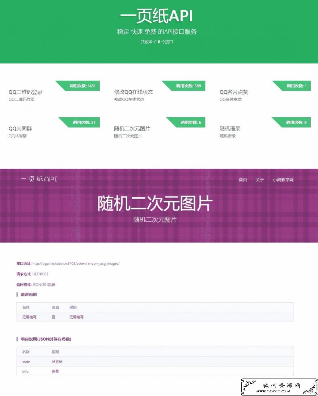 一页纸API接口网站源码 快捷免费高速